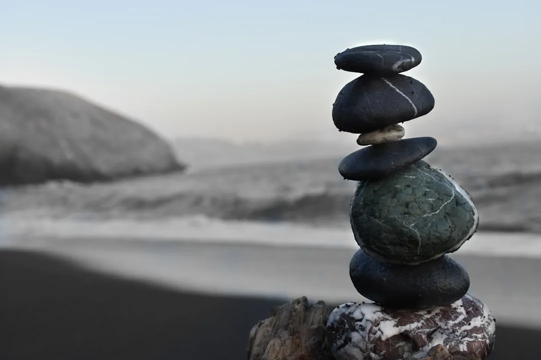 A stack of smooth dark stones on a beach with a blurred coastline